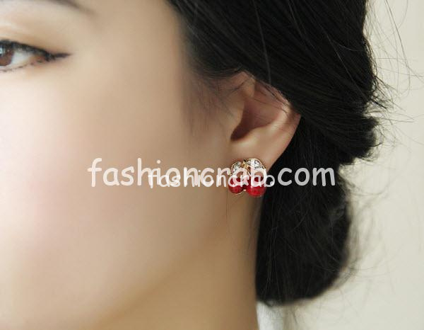 Cherry Red Leaf Bead Stud Earrings for Women