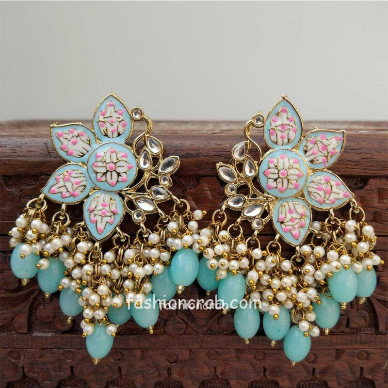 Blue Color Enamel Pearl Embellished Chandbali Earring | FashionCrab.com