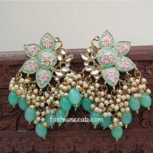 Mint Green Enamel Pearl Embellished Chandbali Earring | FashionCrab.com