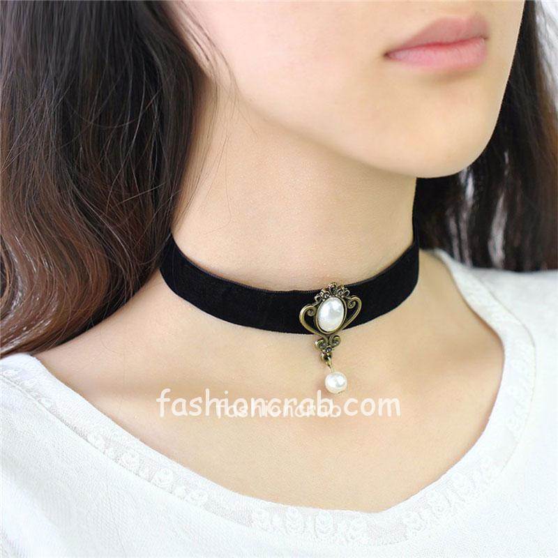 Black Choker Necklace with Pearl Drop | FashionCrab.com