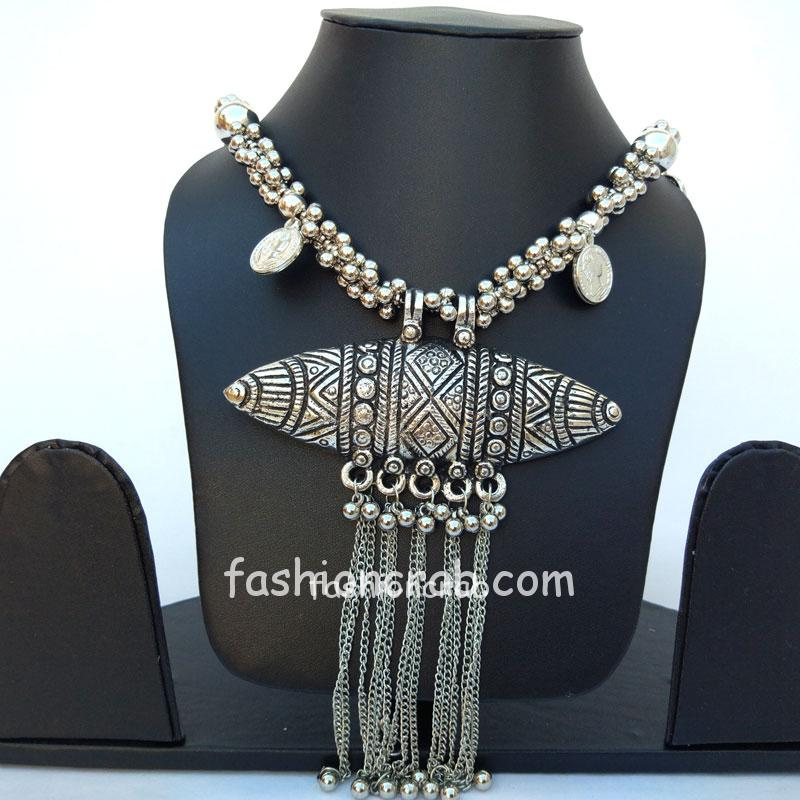 Long Oxidised Silver Necklace for Saree