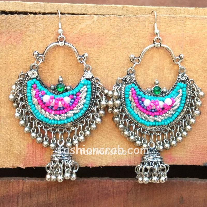 Ethnic Silver Oxidised Afghani Style Dangle Earrings For Women