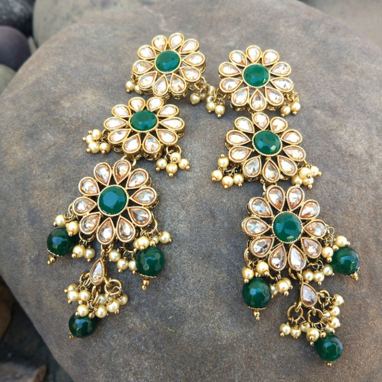 Long Green Pearl Earrings with Maangtikka | FashionCrab.com