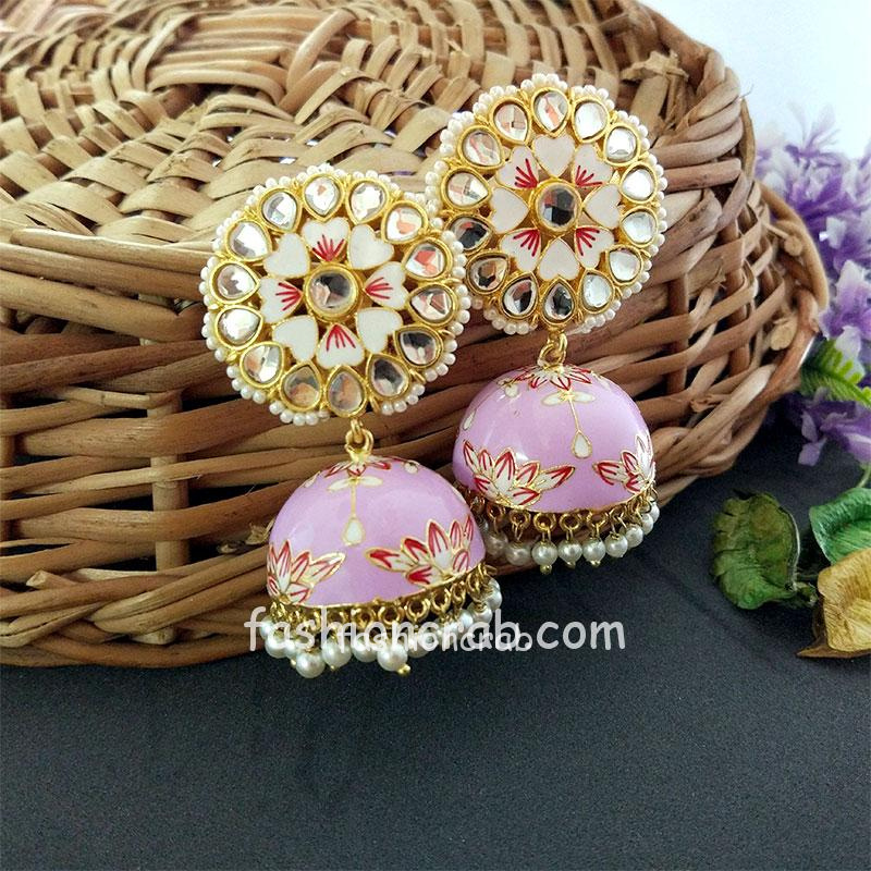 Floral Hand Painted Meenakari Light Purple Jhumka Earring | FashionCrab.com