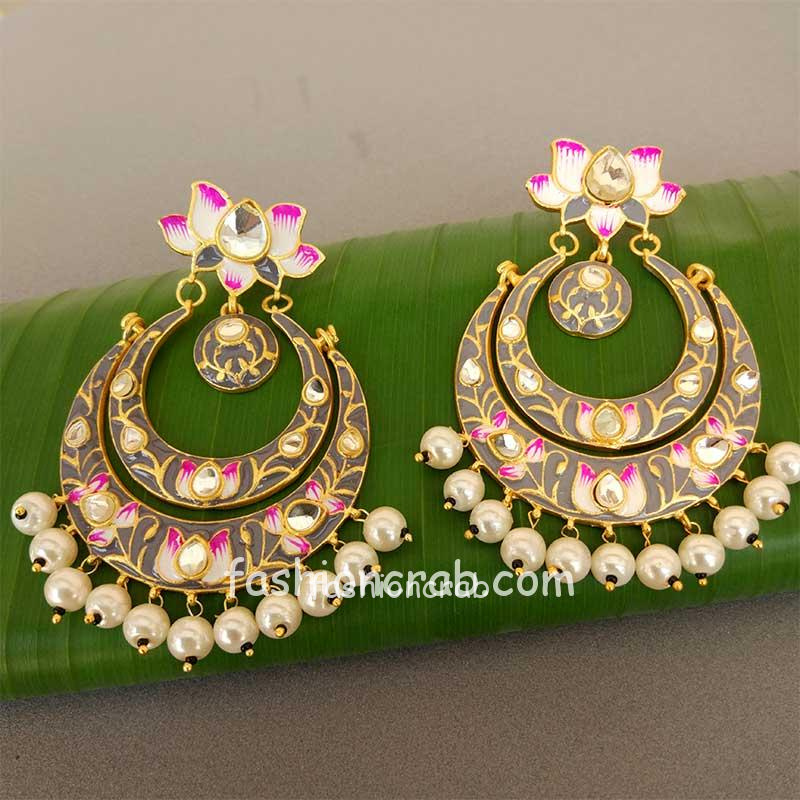 Grey Lotus Design Meenakari Earrings | FashionCrab.com