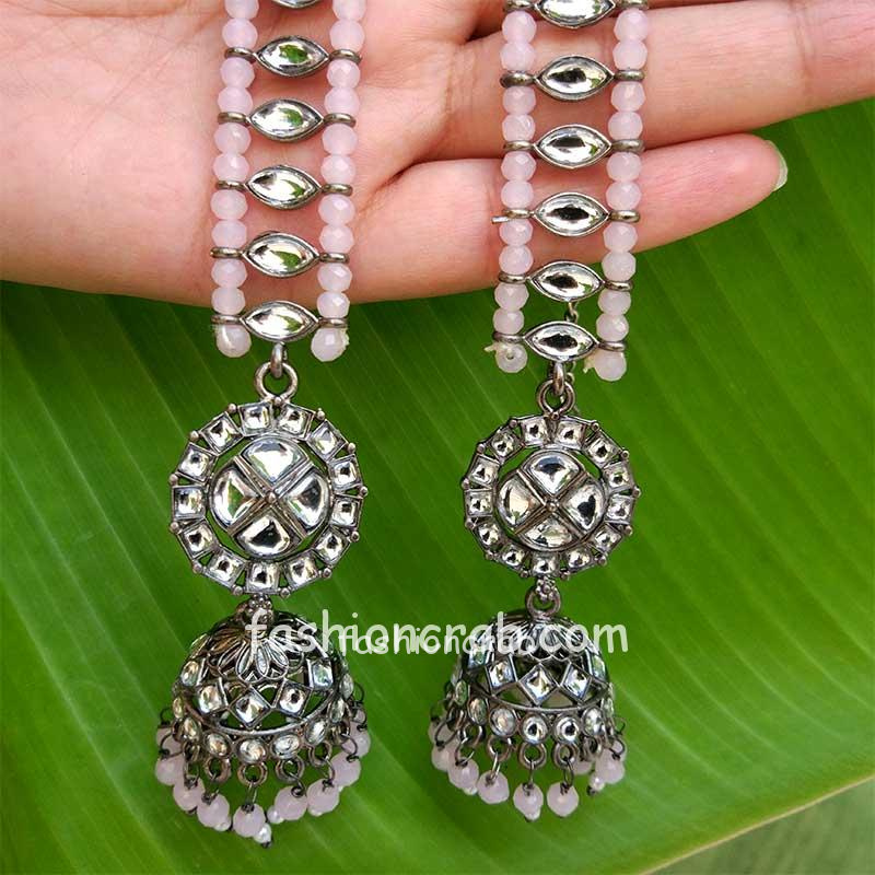 Light Pink Beads Contemporary Statement Jhumka Earrings