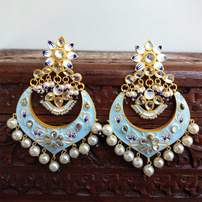 Light Blue Meenakari Chandbali Earrings | FashionCrab.com