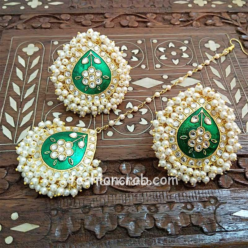 Dark Green Meenakari Earrings with Tikka for Wedding Online