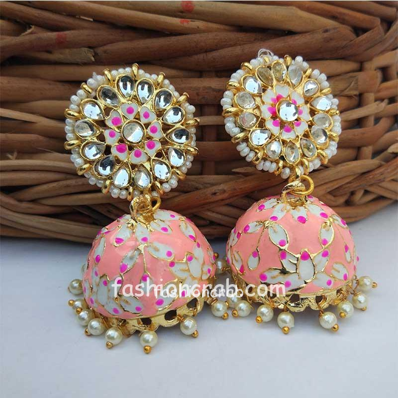 Bollywood Style Meenakari Peach Jhumka Earring | FashionCrab.com