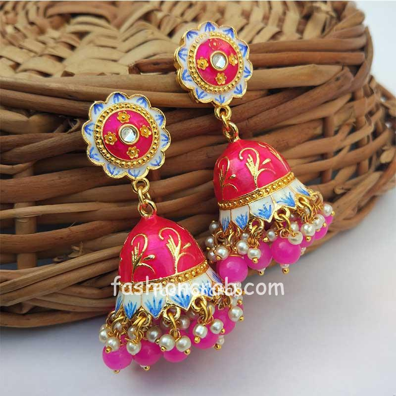 Dark Pink Jhumka Earrings for Saree | FashionCrab.com