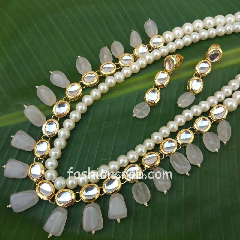 Light Pink Pearl Kundan Necklace Set for Wedding