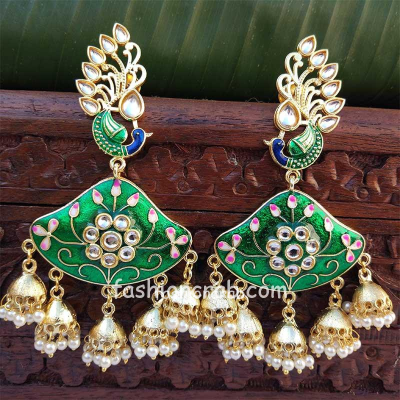 Green Enamel Pearl Jhumka Chandbali Earrings