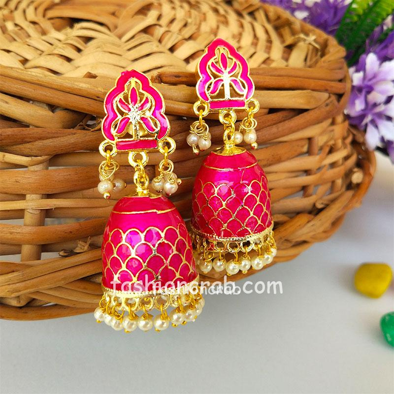 Pink Colour Handcrafted Meenakari Earrings | FashionCrab.com