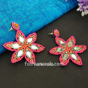 Pink Beads Mirror Work Earrings