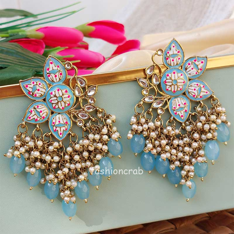 Blue Color Enamel Pearl Embellished Chandbali Earring | FashionCrab.com