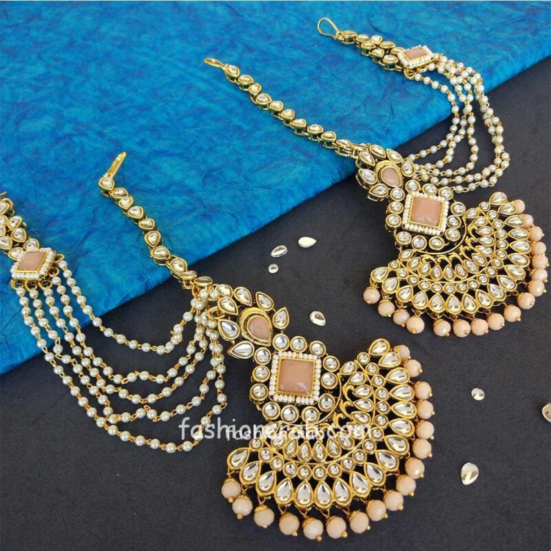 Peach Colour Pearl Earrings with Maang Tikka Set | FashionCrab.com