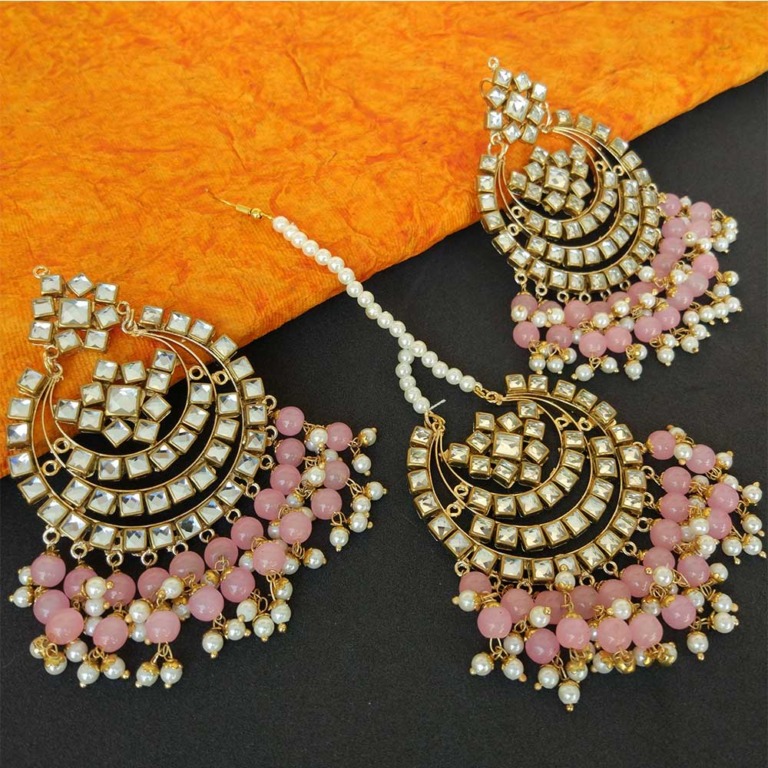 Pink Pearl Punjabi Earrings with Tikka for Wedding | FashionCrab.com