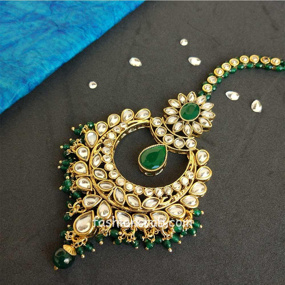 Dark Green Floral Pearl Earring with Maang tikka Set | FashionCrab.com