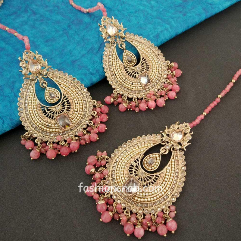 Gold Toned Handcrafted Coral Pink Pearl Earring Set with Maangtikka