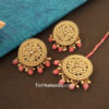 Round Coral Pink Color Maang Tikka Set with Earring for Women