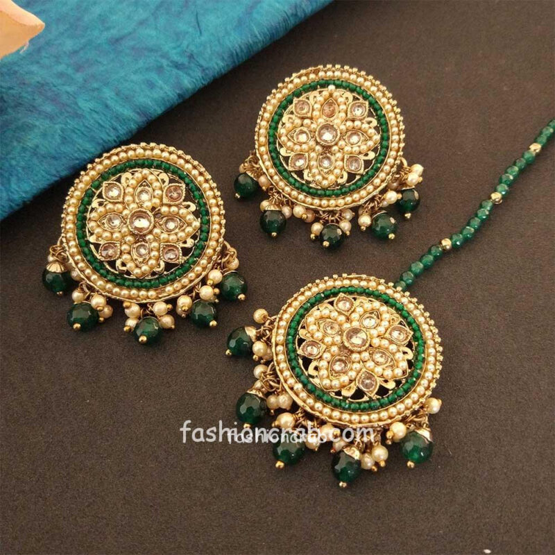 Round Dark Green Color Maang Tikka Set with Earring for Women