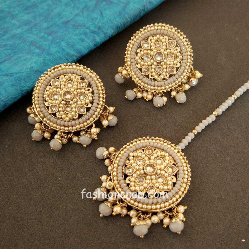 Round Grey Color Maang Tikka Set with Earring for Women