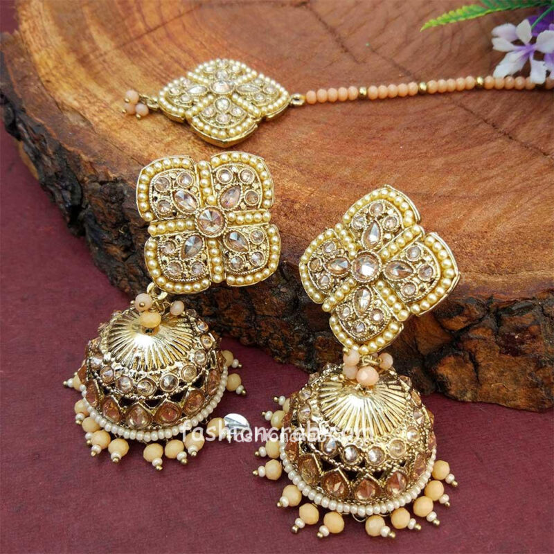 Peach Pearl Jhumka Set with Maangtikka | FashionCrab.com