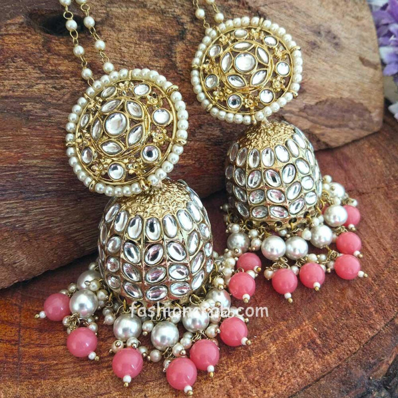 Bollywood Indian Ethnic Kundan Pink Pearl Jhumka
