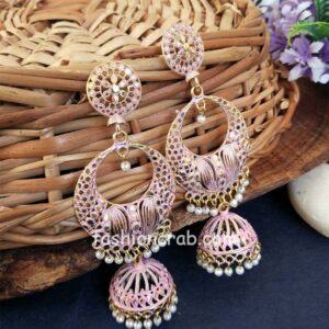 Lightweight Enamel Jhumka Earrings-Pink