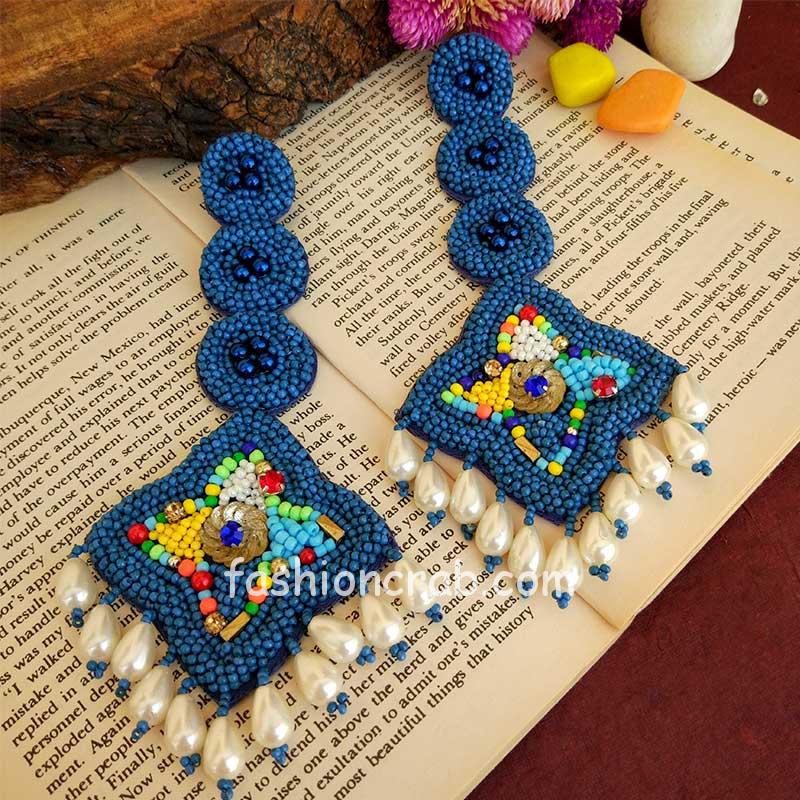 Blue Beads Tassel Earrings for Girls
