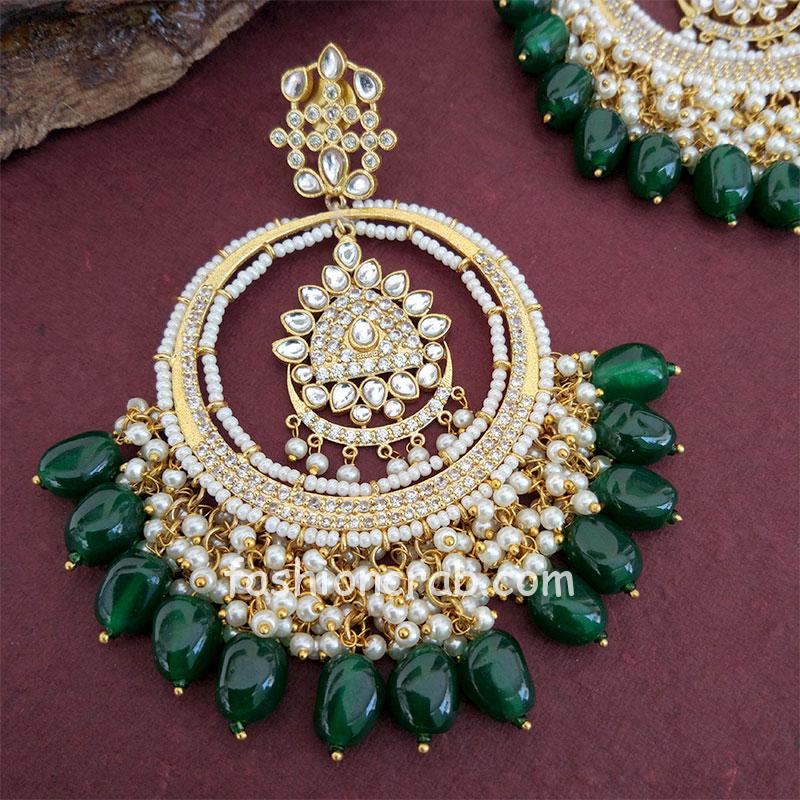 Green Pearl American Diamond Chandbali Earrings | FashionCrab.com