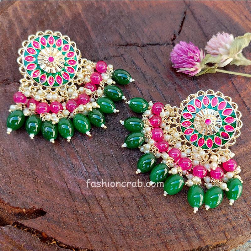 Small Green Pearl Chandbali Earrings for Girls