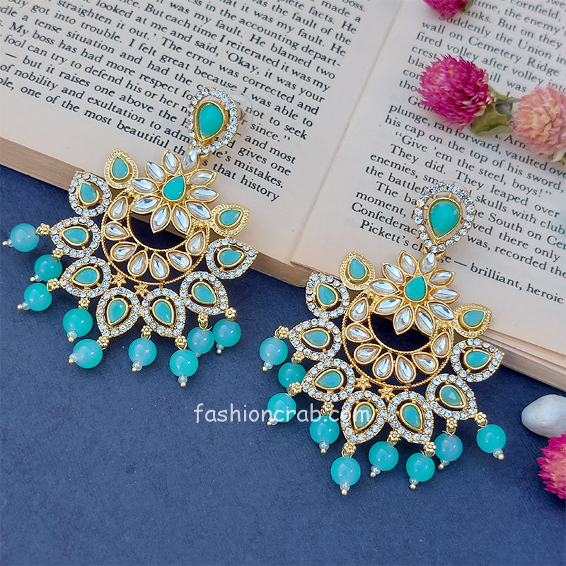 Gold Toned Green Blue Beads Chandbali Earring | FashionCrab.com