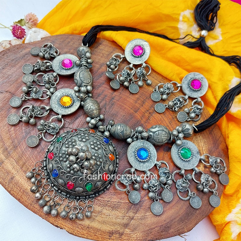 Ethnic Silver Oxidised Necklace with Earrings for Women