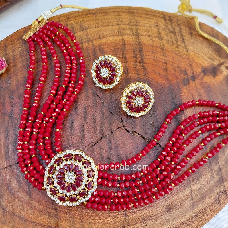 Maroon Beaded Choker Necklace Set 