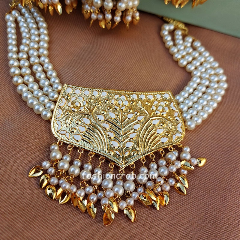 White Pearl Punjabi Necklace Set for Bride
