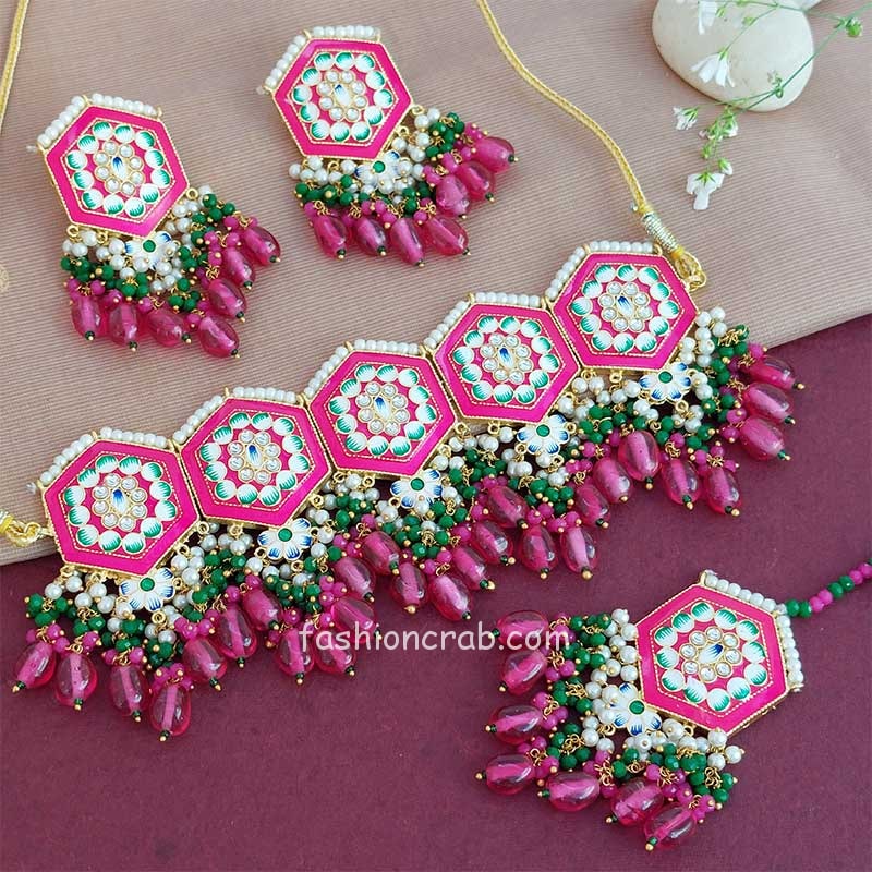 Dark Pink Colour Meenakari Choker 