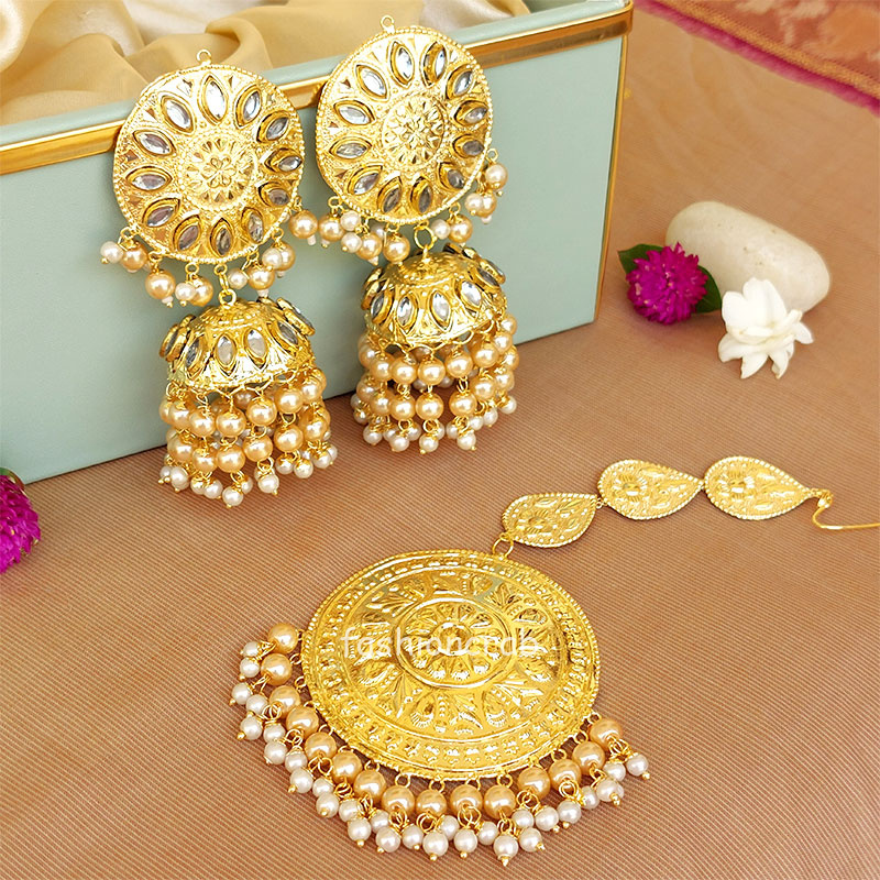 Cream Color Punjabi Tikka Earrings for Wedding