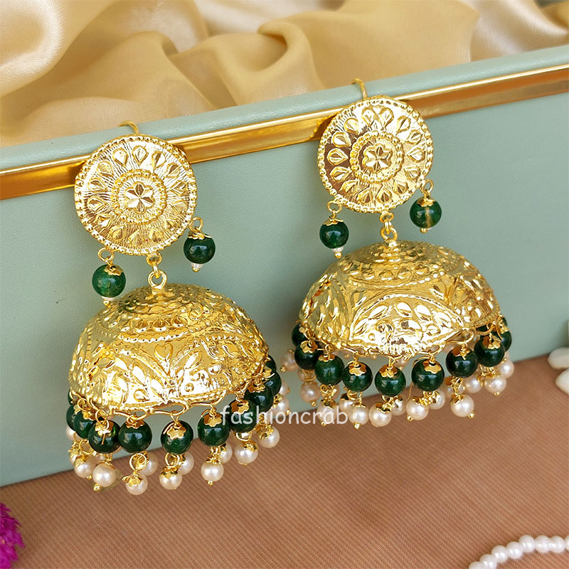 Dark Green Beautiful Punjabi Jhumka with Tikka | FashionCrab.com