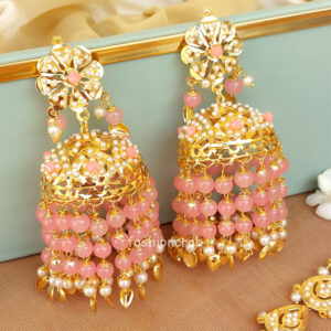 Light Pink Heavy Jadau Jhumka Earrings for Punjabi Suit