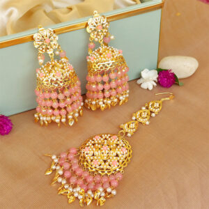 Light Pink Heavy Jadau Jhumka Earrings for Punjabi Suit