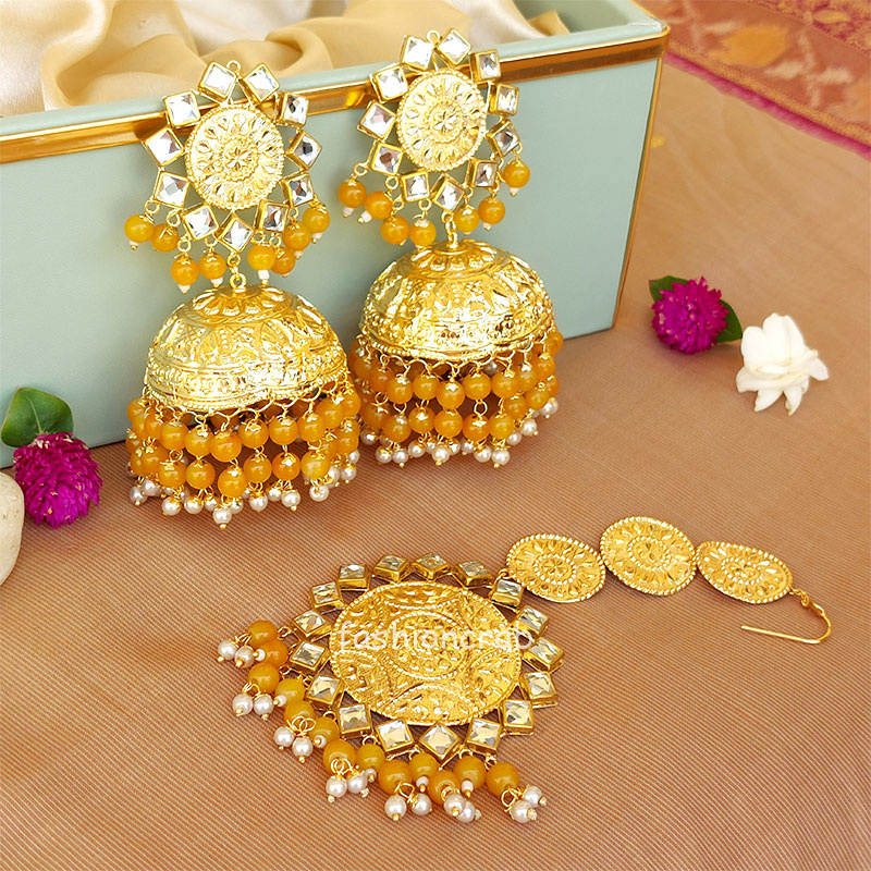 Yellow Big Punjabi Traditional Earrings with Tikka