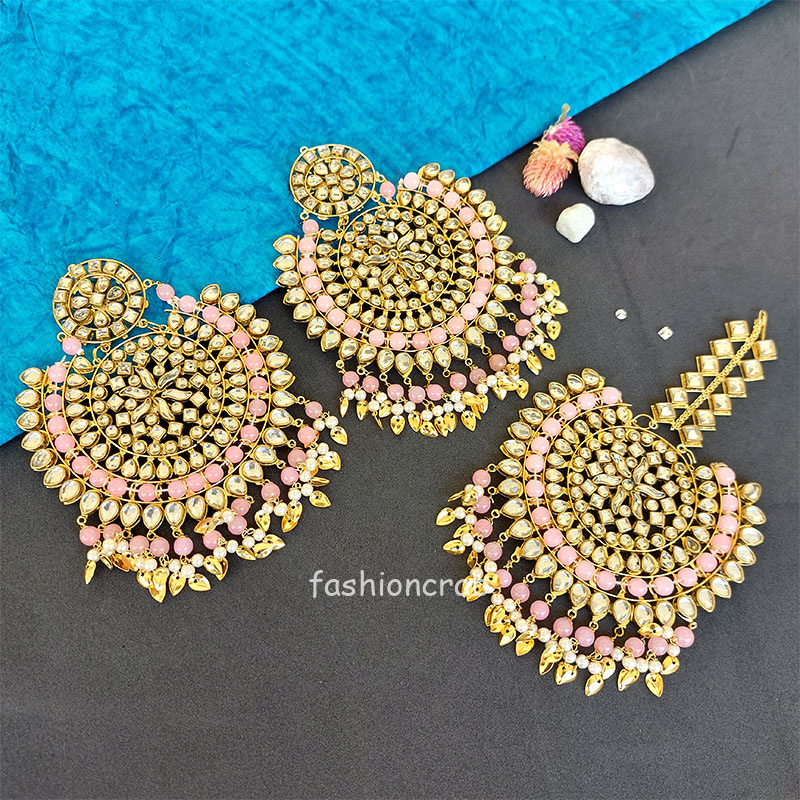 Big Punjabi Tikka Set with Earrings for Women - Light Pink