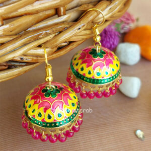 Yellow Pink Pearl Indian Jhumka Earrings