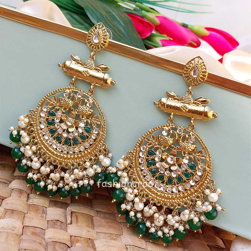 Dark Green Pearl Long Chandbali Earring for Party | FashionCrab.com