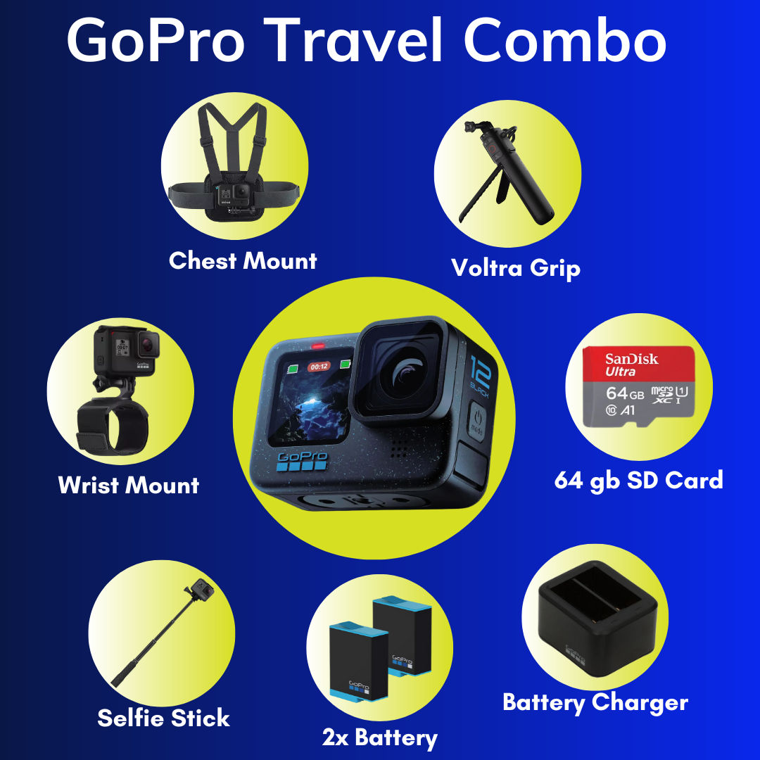 This is an image of GoPro Hero 12 Travel Combo on rent offerred by SharePal.in