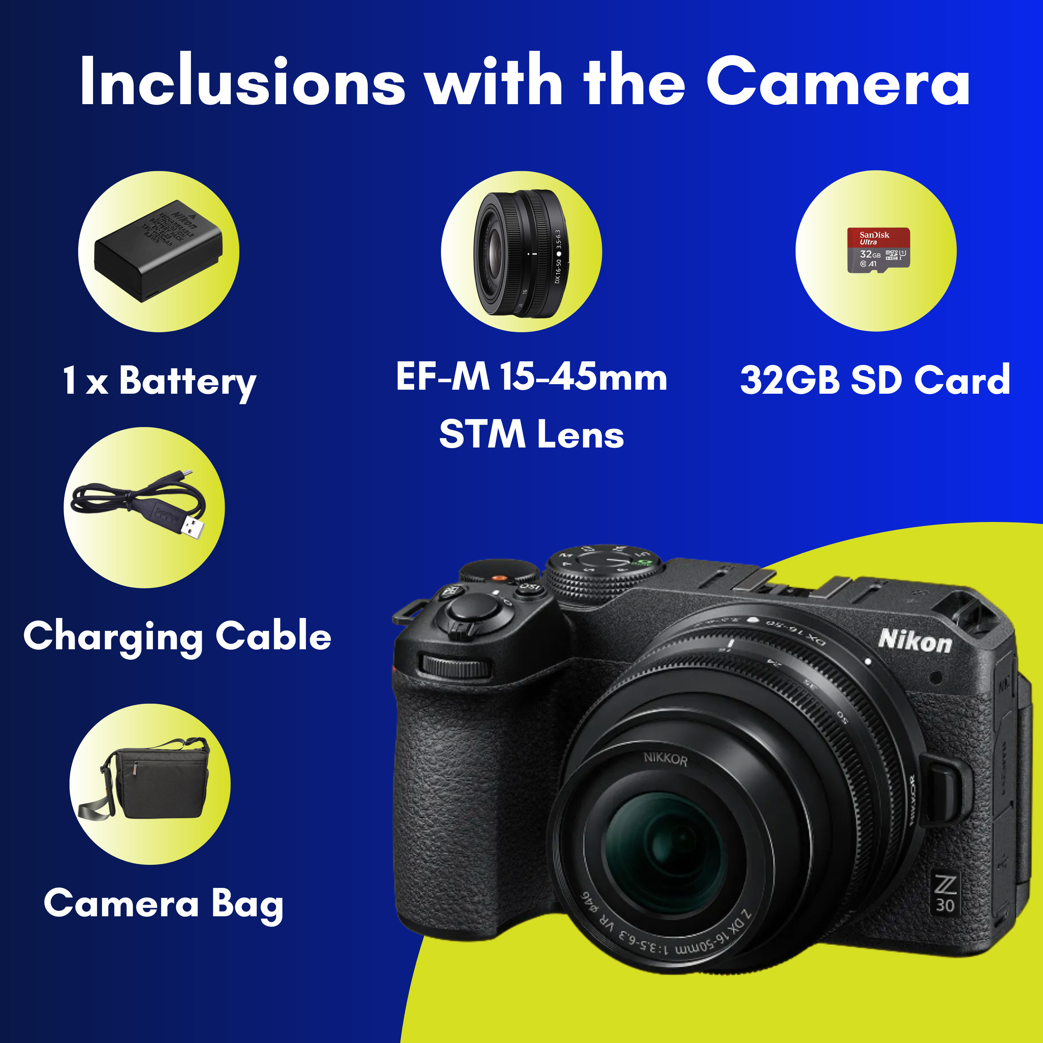 These are product images of Nikon Z30 Camera on rent by SharePal.