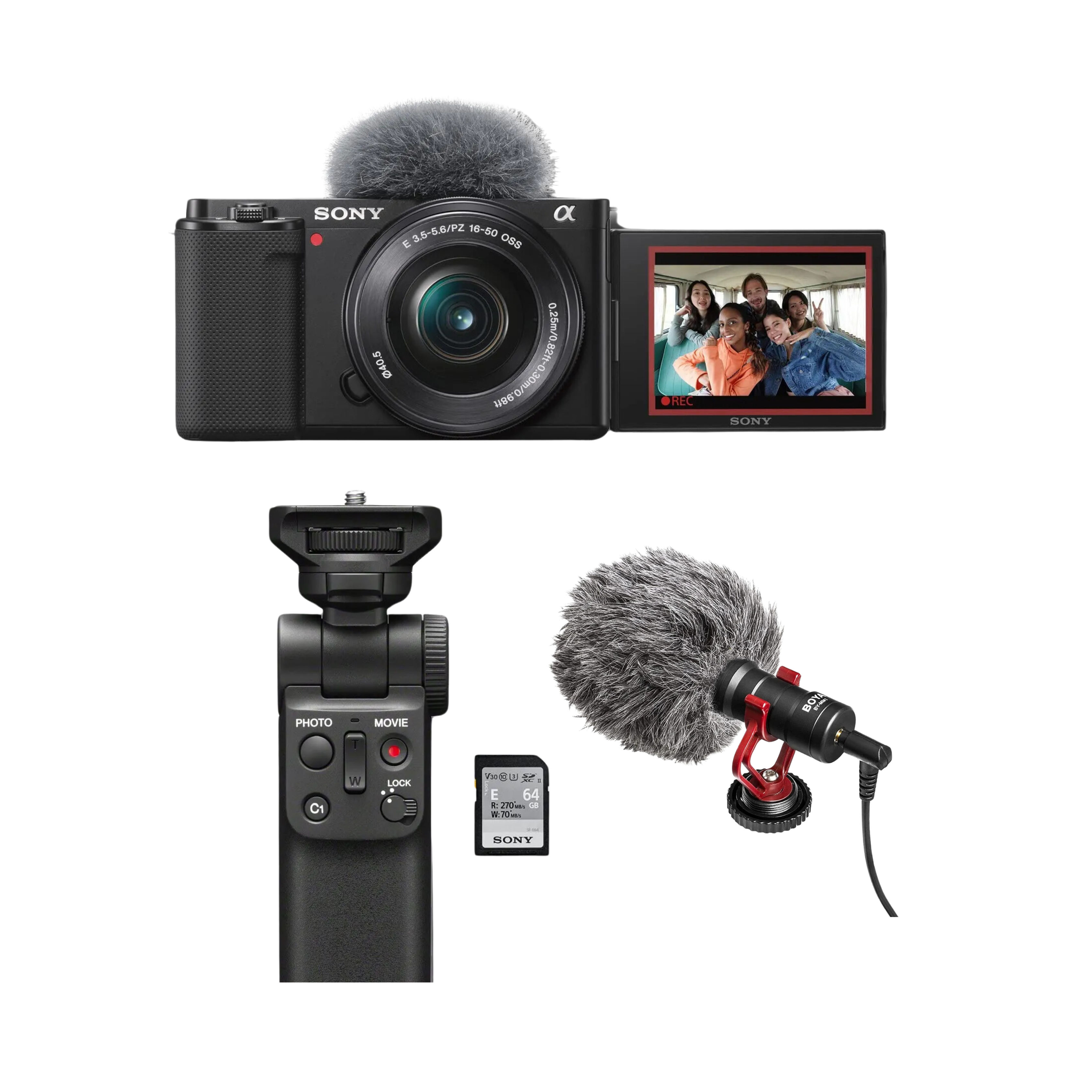 These are product images of Sony ZVE10 Vlogging Camera Creator Kit on rent by SharePal.