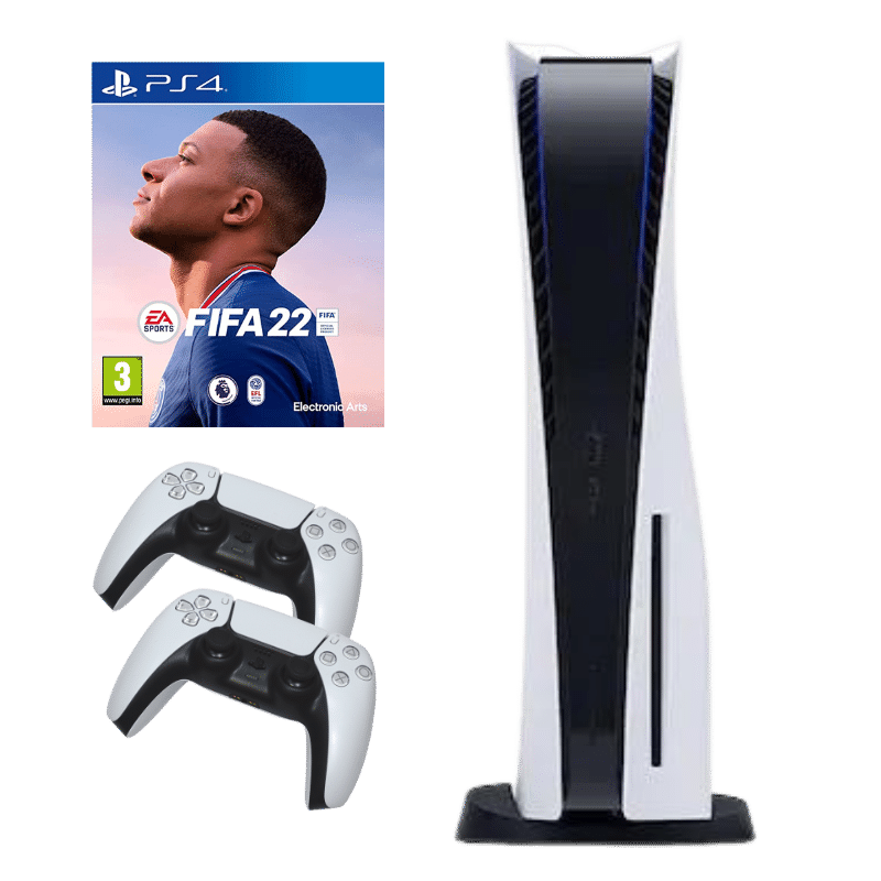 These are product images of PS5+FIFA22 with 2 Controllers by SharePal.