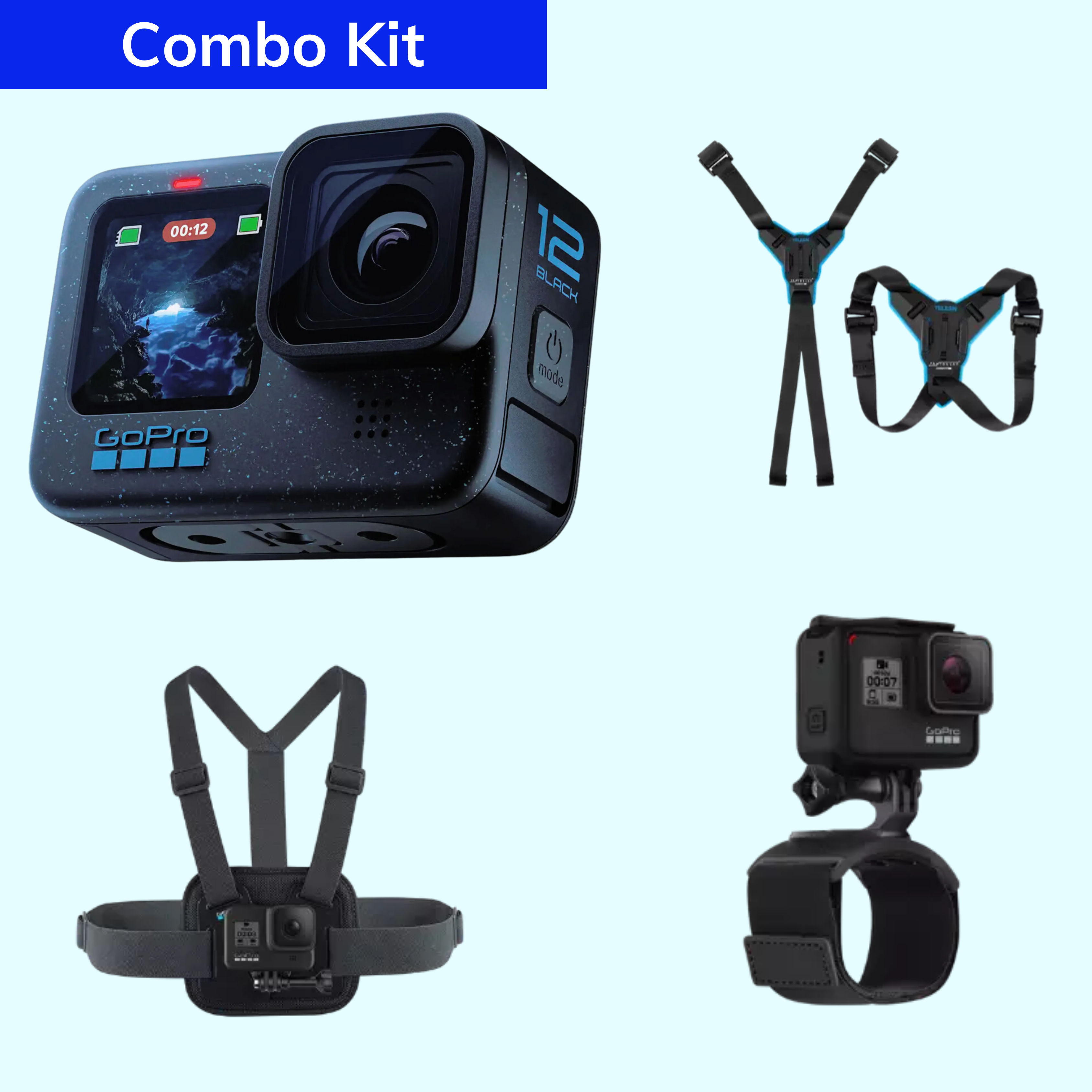 This is an image of GoPro Hero 12 Sky Diving Combo on rent offerred by SharePal.in